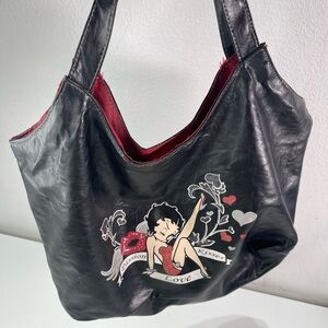 Y2k Betty Boop Black Shoulder Hobo Bag Hearts Biker core Grunge Red Lining